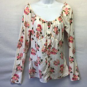 No Boundaries Women's Ivory Floral Elastic Boat Neck Long Sleeve Blouse Tunic L